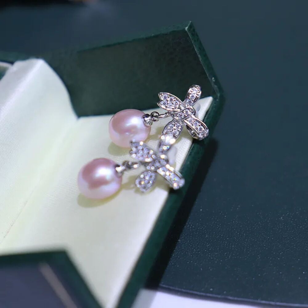 Pearl Bow Knot Earrings Freshwater Pearl Silver and Purple Coguette CZ Earring